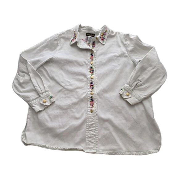 Bob Mackie White Denim Maypole Dancing Midsummer Floral Shirt Sz XL Embroidered - Picture 2 of 15